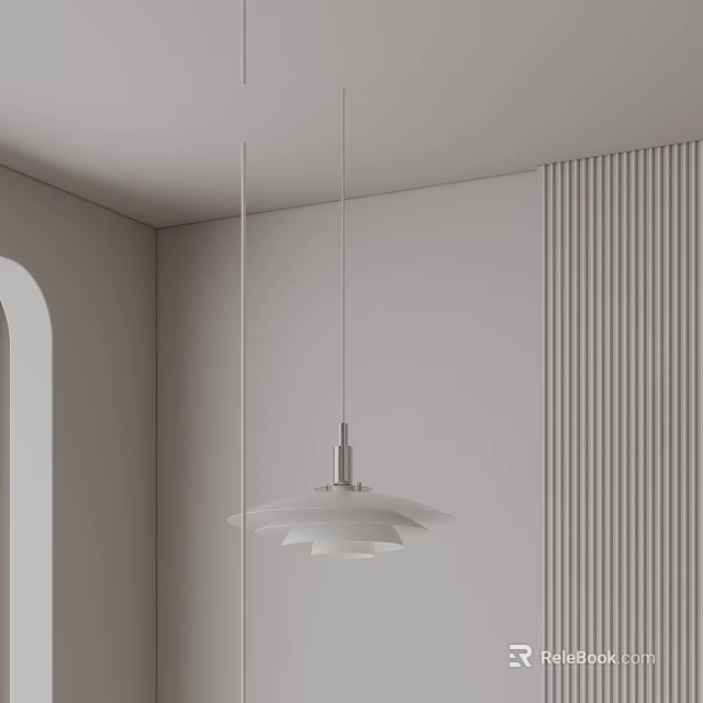 Minimalist Modern Interior Room With White Layered Pendant Light And Vertical Striped Wall 3d model 