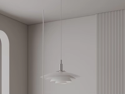 Minimalist Modern Interior Room With White Layered Pendant Light And Vertical Striped Wall 3d model