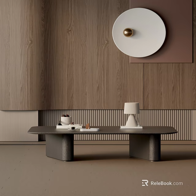 Stylish Sofa And Coffee Table Set In Living Room With Wooden Wall Round White Lamp 3d model 