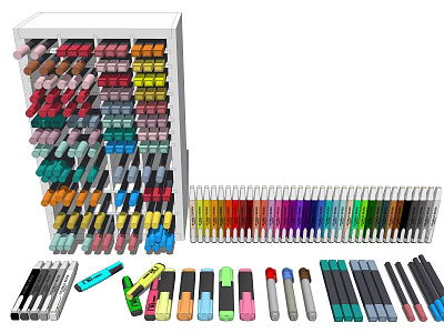 Colorful Assorted Art Pens With Various Colors And Organized Storage Rack 3d model