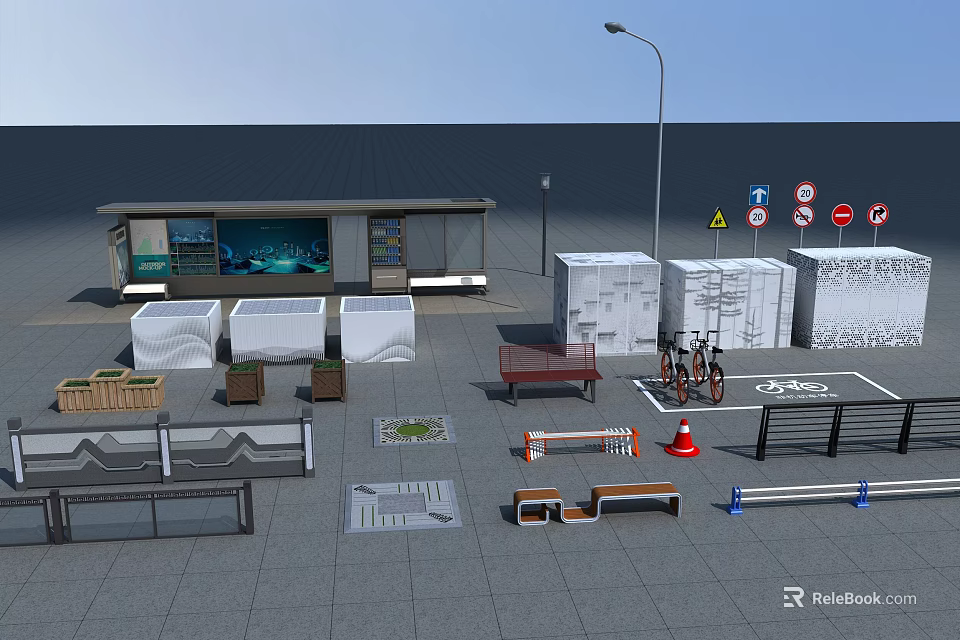 Comprehensive Roadside Facilities Including Bus Shelter Street Lamp Traffic Signs Benches And Bicycle Parking 3d model 