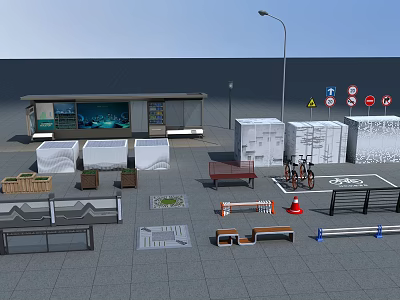Comprehensive Roadside Facilities Including Bus Shelter Street Lamp Traffic Signs Benches And Bicycle Parking 3d model