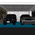 Modern Garage Interior With Two SUVs Tools Tires And Blue Floor