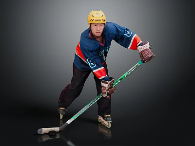 Man Wearing Blue Hockey Jersey Yellow Helmet Holding Stick In Action Pose With Inline Skates 3d model