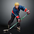Man Wearing Blue Hockey Jersey Yellow Helmet Holding Stick In Action Pose With Inline Skates