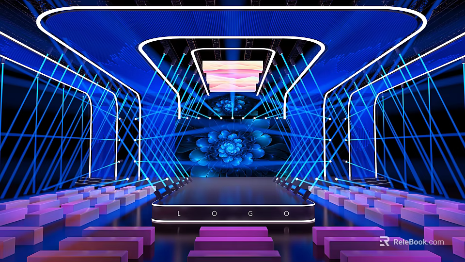 Modern Stage Design Featuring Blue Neon Lights Audience Seats Floral Backdrop And Central Logo 3d model 