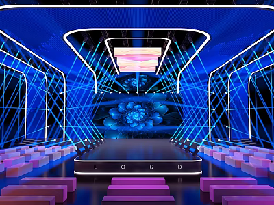 Modern Stage Design Featuring Blue Neon Lights Audience Seats Floral Backdrop And Central Logo 3d model