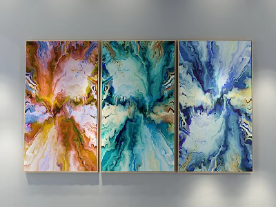 Three Vibrant Abstract Paintings With Colorful Patterns Hanging On White Wall 3d model