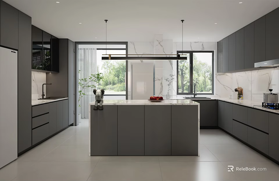 Modern Kitchen Interior Design With Gray Cabinets Island And Marble Countertops 3d model 