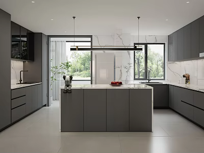 Modern Kitchen Interior Design With Gray Cabinets Island And Marble Countertops 3d model