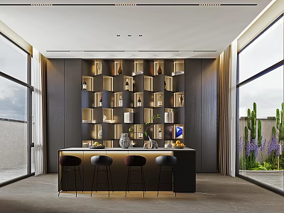 Modern Bar Area With Counter Stools Wine Racks And Large Windows 3d model