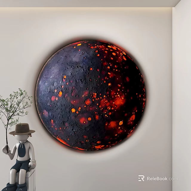 Round Decorative Artwork With Red Orange Spots Small Figurine And Potted Tree 3d model 