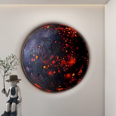 Round Decorative Artwork With Red Orange Spots Small Figurine And Potted Tree 3d model