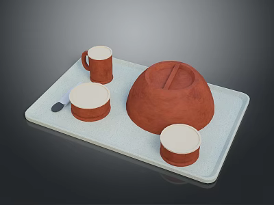 Practical Daily Living Supplies White Tray With Brown Mug Round Containers Lids And Small Spoon 3d model