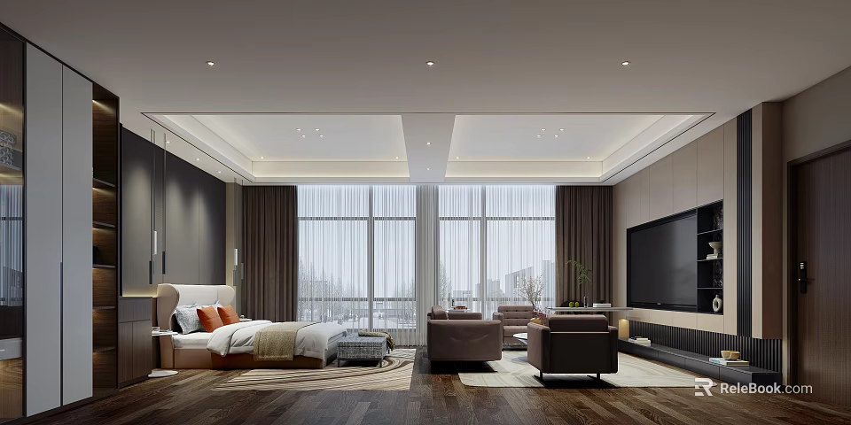 Modern Hotel Room Interior Featuring King Bed Large Window Sofa And Flat Screen TV 3d model 