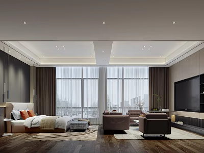 Modern Hotel Room Interior Featuring King Bed Large Window Sofa And Flat Screen TV 3d model