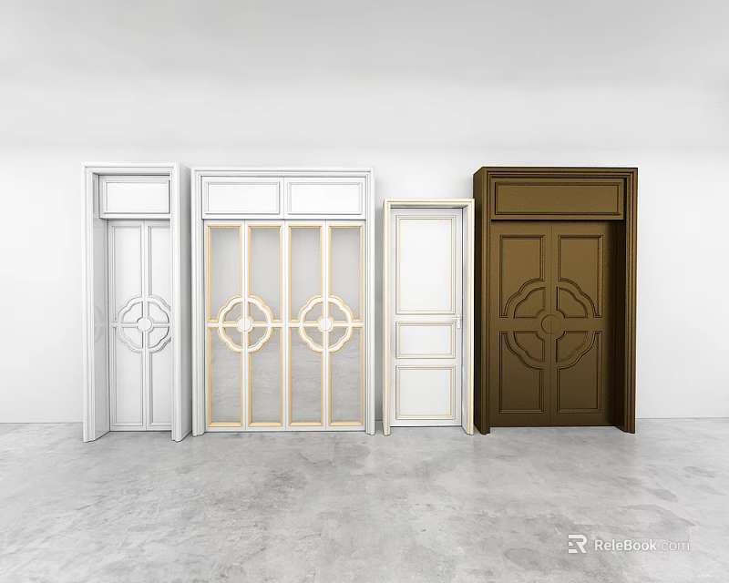 Hinged Doors In Various Designs With Circular Patterns White Light Wood And Brown Colors 3d model 