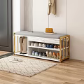 Entryway Storage Bench With Golden Frame And Gray Cushion Multiple Shoe Shelves For Organizing Footwear