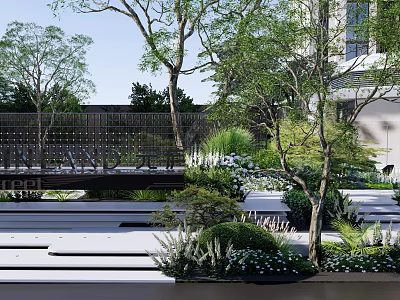 Serene Garden Landscape With Tall Trees Green Shrubs And Stone Pathways 3d model