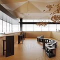 Stylish Café Interior With Geometric Wooden Ceiling Black Bar Counter Curved Seating And Coffee Supplies