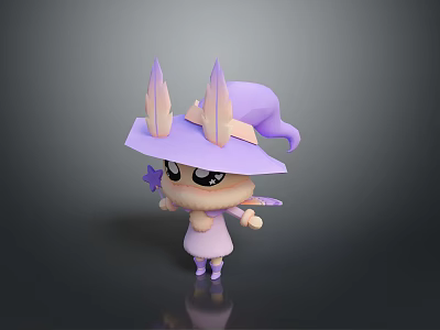 Cute Game Movie Character With Purple Pointed Hat Pink Dress And Star Magic Wand 3d model