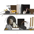 Stylish Decorative Ornament Set On Shelf With Books Vases Candles And Leaves
