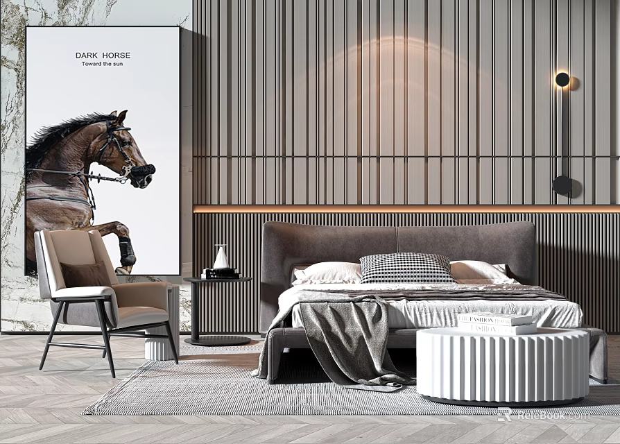 Elegant Modern Bedroom Interior With Double Bed Vertical Striped Wall Horse Painting Nightstand And Chair 3d model 
