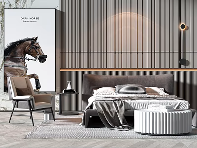 Elegant Modern Bedroom Interior With Double Bed Vertical Striped Wall Horse Painting Nightstand And Chair 3d model