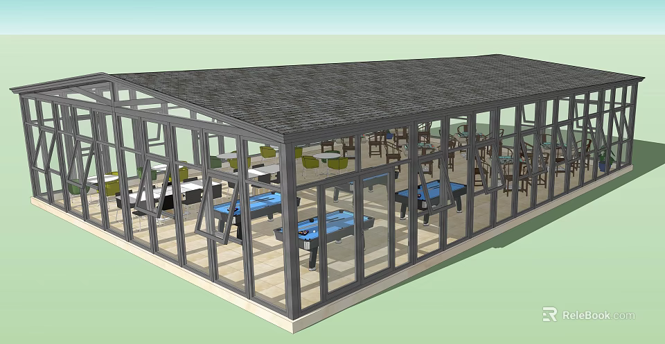 Glass Enclosed Lounge Area With Open Design Tables And Comfortable Chairs 3d model 