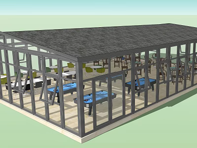 Glass Enclosed Lounge Area With Open Design Tables And Comfortable Chairs 3d model