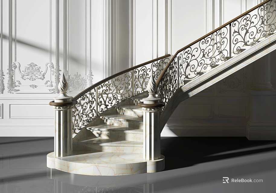 Elegant Classic Staircase With Ornate Iron Railing Marble Steps Against White Paneled Walls 3d model 