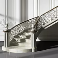 Elegant Classic Staircase With Ornate Iron Railing Marble Steps Against White Paneled Walls