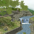Garden Landscape Design With Hillside Stream Waterfall And Green Trees Path 3d model
