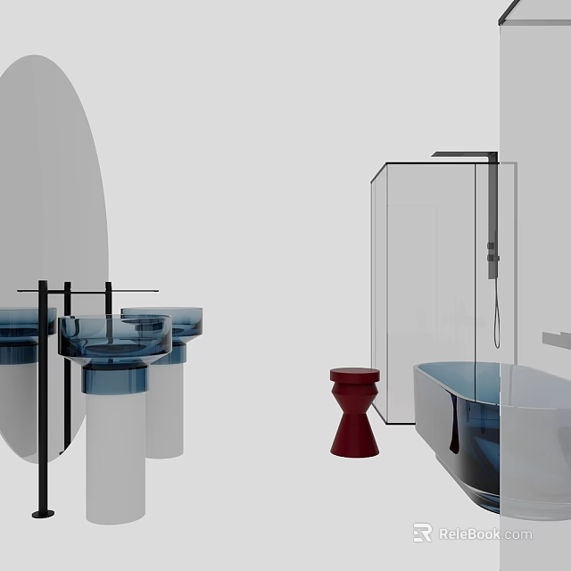 Contemporary Bathroom Mirror With Round Design Blue Vessel Sink And Acrylic Bathtub 3d model 