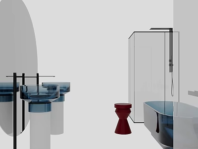 Contemporary Bathroom Mirror With Round Design Blue Vessel Sink And Acrylic Bathtub 3d model