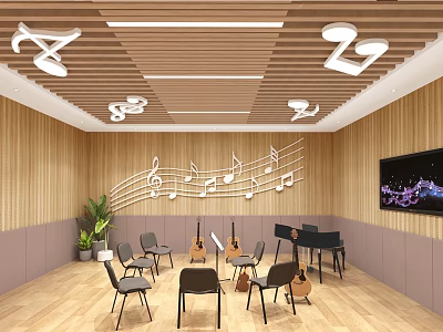 Music Classroom Interior With Wooden Walls Music Note Decorations Guitars Chairs TV And Plant 3d model