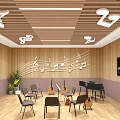 Music Classroom Interior With Wooden Walls Music Note Decorations Guitars Chairs TV And Plant