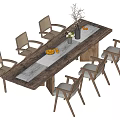 Rustic Wooden Dining Table Set With Six Rattan Back Chairs And Tabletop Flower Vase Fruits
