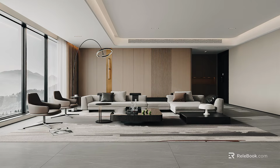 Modern Living Dining Room Interior Design With Large Windows Sofa Coffee Table And Chairs 3d model 