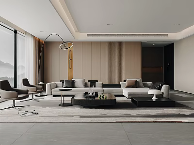 Modern Living Dining Room Interior Design With Large Windows Sofa Coffee Table And Chairs 3d model