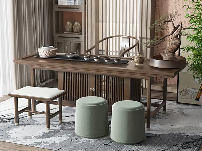 Traditional Style Solid Wood Tea Table and Chairs with Green Cushioned Stools and Potted Plant 3d model