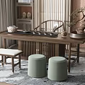Traditional Style Solid Wood Tea Table and Chairs with Green Cushioned Stools and Potted Plant
