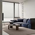 Modern Minimalist Living Room Interior With Blue Sofa TV Coffee Table And Blinds
