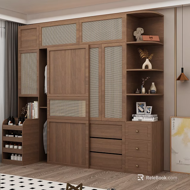 Modern Wooden Walk in Closet Interior With Woven Texture Panels Cabinets Drawers And Decorative Shelves 3d model 