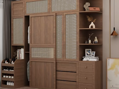 Modern Wooden Walk in Closet Interior With Woven Texture Panels Cabinets Drawers And Decorative Shelves 3d model