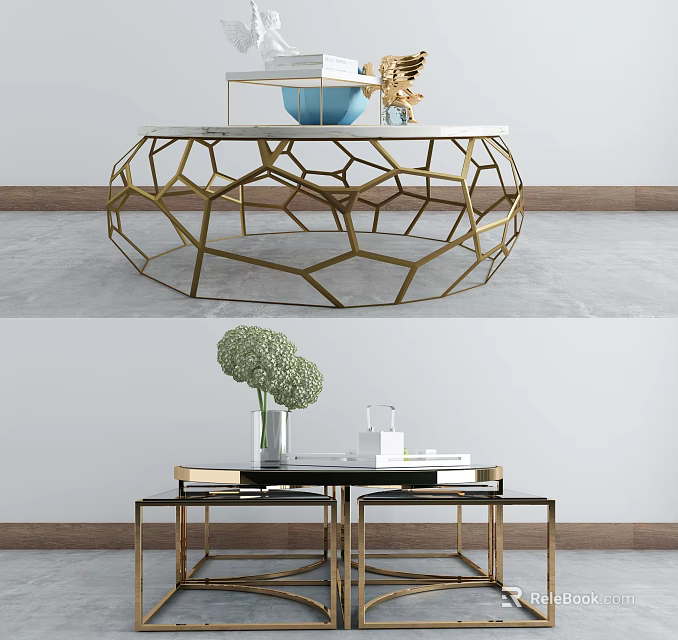 Modern Coffee Table With Gold Geometric Base Black Top And Green Plant Decor 3d model 