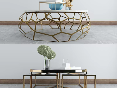 Modern Coffee Table With Gold Geometric Base Black Top And Green Plant Decor 3d model