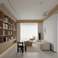 Minimalist Home Balcony With White Bookshelf Washing Machine Dryer Blinds And Beige Floor