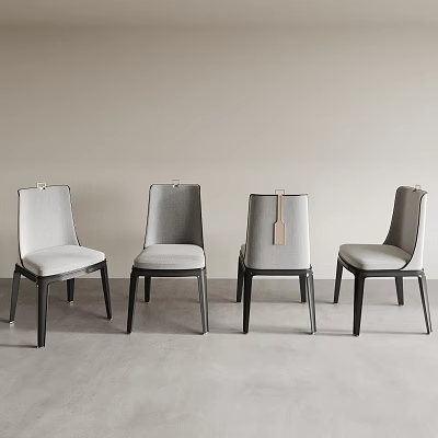 Set Of Four Dining Chairs Gray Seats And Backs With Black Legs Tags On Backs 3d model