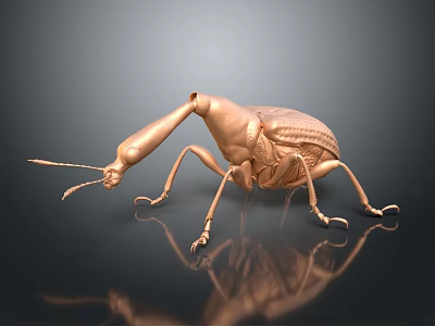 Golden Textured Beetle Sculpture Featuring Shiny Surface And Dark Background Reflection 3d model